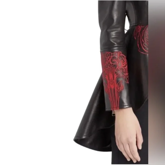 Alexander McQueen Zip Front Embroidered Peplum Leather Moto Jacket, Black, IT38 - Picture 4 of 12